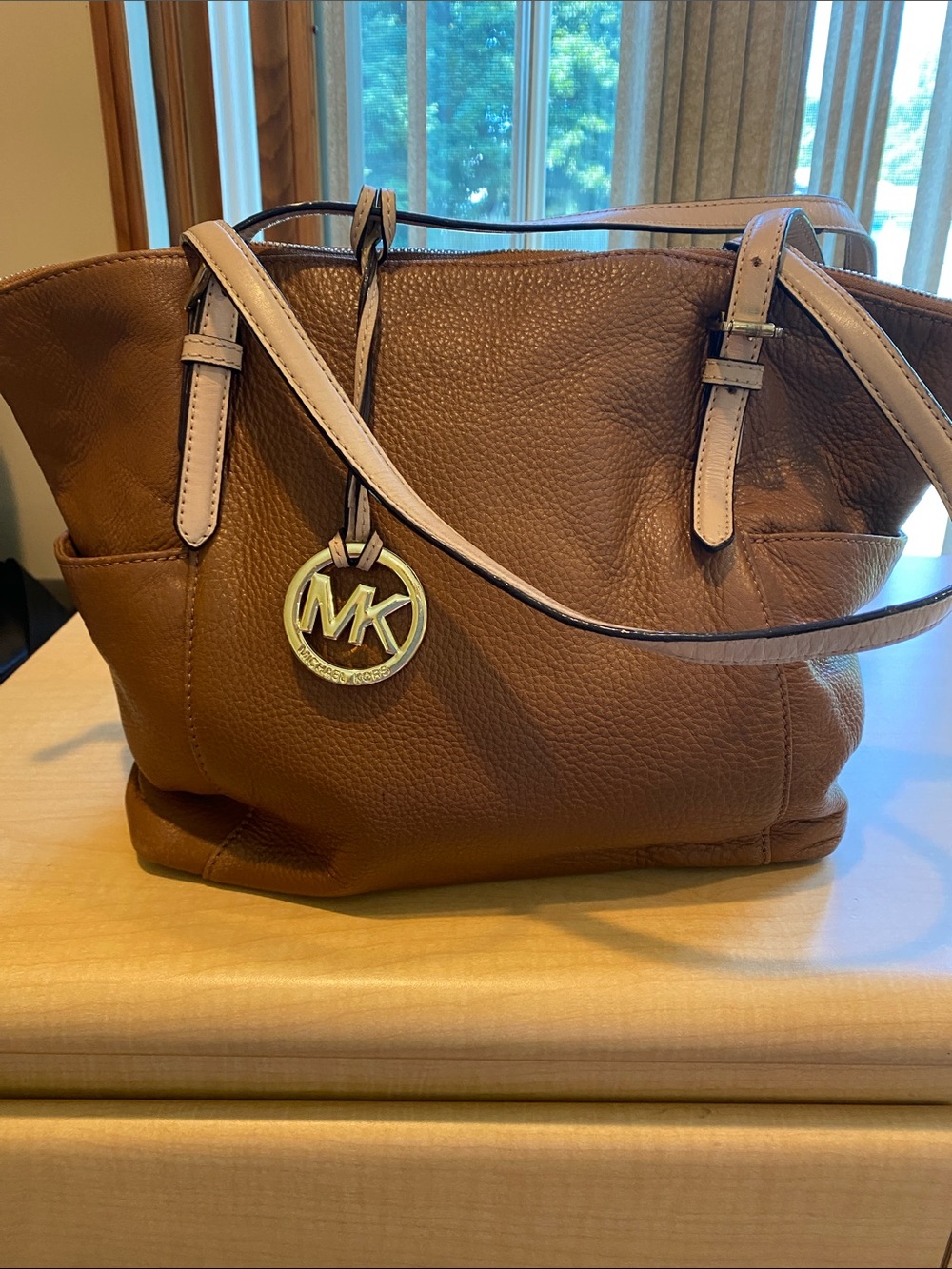 Michael Kors Tan Brown Pebbled Leather Tote with Gold MK Charm